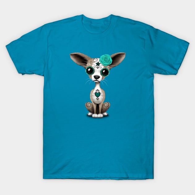 Teal Blue Day of the Dead Sugar Skull Chihuahua Puppy T-Shirt by jeffbartels